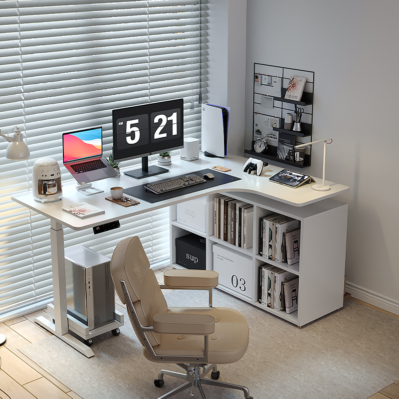 【wzo稳稳升降桌】实木转角书桌L型书柜一体电动电脑桌拐角办公桌