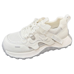 夏款镂空水钻网面内增高老爹鞋女2026新款透气女鞋系带休闲运动鞋