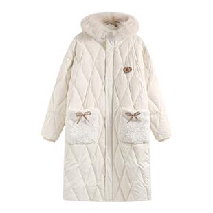 FPMZ潮牌菱格蝴蝶结90白鸭绒连帽白色长款毛领羽绒服外套送手套