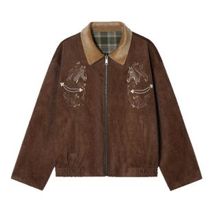 【马年限定 双面穿】Unvesno(UN)马头刺绣仿骆马绒拼接格纹短夹克