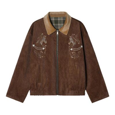 【马年限定 双面穿】Unvesno(UN)马头刺绣仿骆马绒拼接格纹短夹克