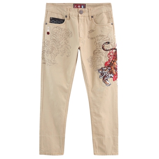 oniarai鬼洗 春夏泥棒蓝虎年印绣花男士布边卡其裤 22N4404