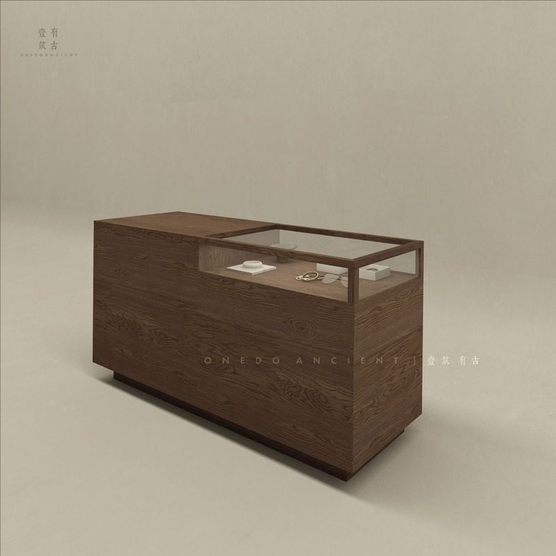 做旧木纹收银台玻璃前台柜台接待台酒吧台桌复古简约饰品展示店铺