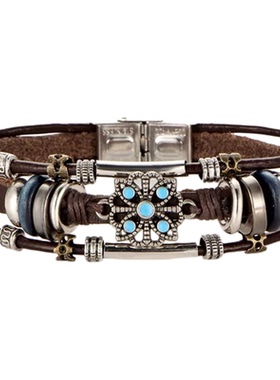 欧美百搭新品简约潮流男女皮革不锈钢磁性手镯编织仿牛皮手链手环