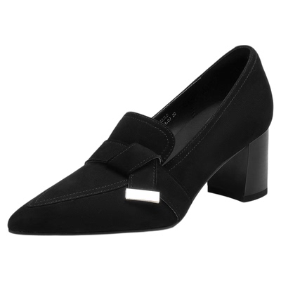 星期六法式羊皮尖头粗跟乐福鞋