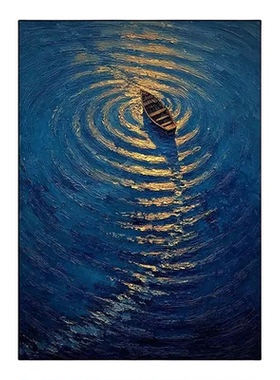 大芬手绘现代简约抽象风景油画客厅卧室挂画深蓝色海面小船装饰画