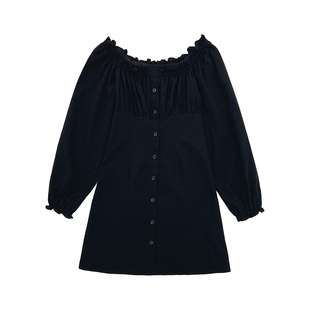 米米子微胖大码女装“桑托斯艺术”纯欲一字肩纯色小黑裙2024春季