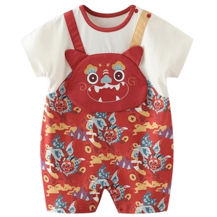 周岁礼服男宝夏季女宝红色中国风满月婴儿连体衣夏装百天宝宝衣服