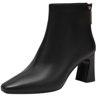 【静音系列】千百度粗高跟时装靴女百搭冬季气质羊皮洋气小短靴