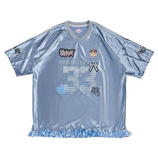 饭粒家原创设计美式拼接T恤女夏季婴儿蓝上衣bloketteV领运动球衣