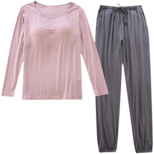 春夏莫代尔带胸垫免文胸Bar长袖收口束脚长裤瑜伽家居服睡衣套装