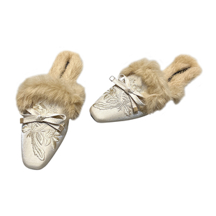 2025秋冬新款中式兔毛懒人棉拖鞋舒适一脚蹬加绒穆勒鞋大码毛毛鞋