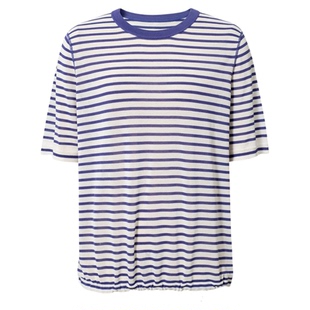 陌可/26夏敲细密18针经典海魂条纹知识分子宽松正肩圆领针织T恤女