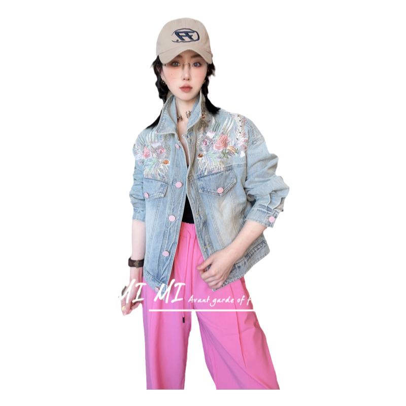 RR fshion 复古重工刺绣单排扣上衣长袖牛仔外套女2025春季新款