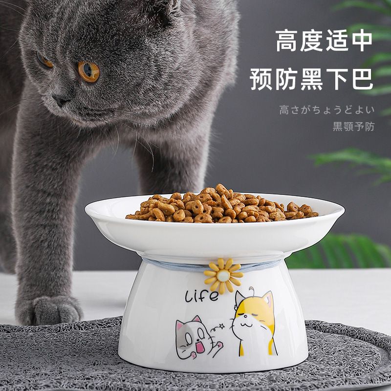 宠物猫碗陶瓷碗高脚黑下巴狗狗饭碗可爱饮水保护颈椎猫粮盆防打翻