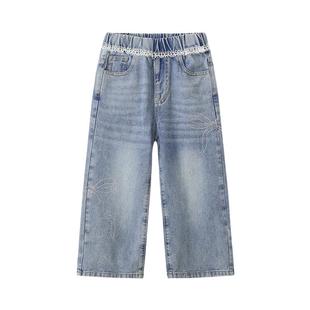 植木【蕾丝甜结】女童牛仔裤水洗蓝 儿童直筒裤2026春季新款童装