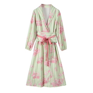 麓津自制《洋果子小铺》春秋新款女和风春季绿色仙气碎花连衣裙子