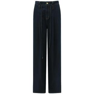 COCOBELLA设计感腰带直筒牛仔裤女宽松休闲高腰打褶阔腿裤DN626