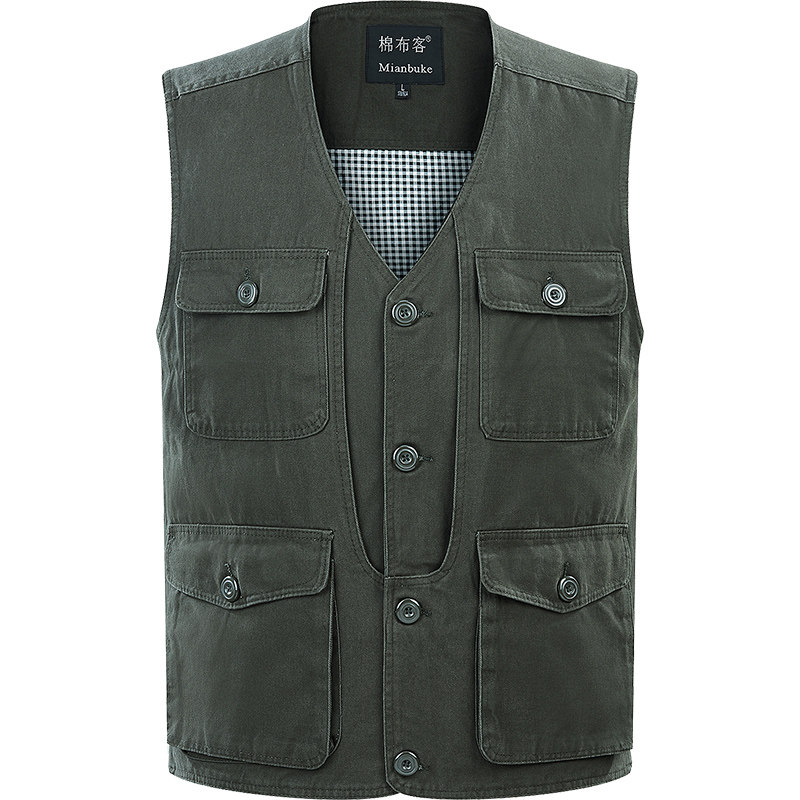 中老年纯棉纽扣款马甲男式多口袋钓鱼马夹V领大码爸爸背心坎肩