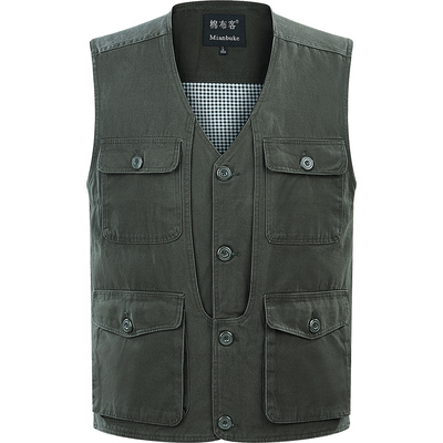 中老年纯棉纽扣款马甲男式多口袋钓鱼马夹V领大码爸爸背心坎肩