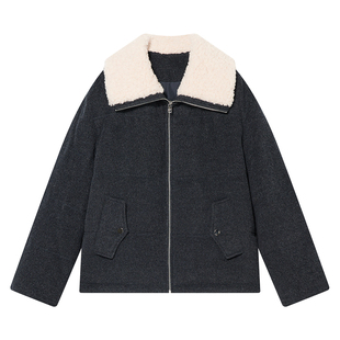 Goodland美地女装2024年冬新款羊毛大翻领拉链鸭绒羽绒服休闲风