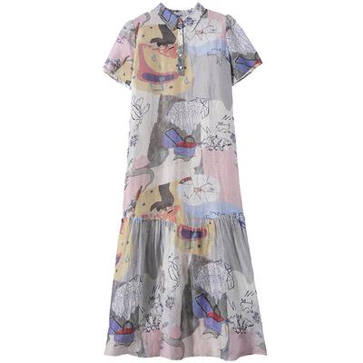 谜底连衣裙短袖女2025夏新品帕斯蒂尔风度假印花A型长裙252ML0697