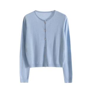 蓝色小金扣针织开衫外套女秋冬内搭宽松慵懒风短款圆领毛衣小衫