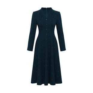 黛玛诗春秋新款气质V领羊毛针织连衣裙女长袖优雅时尚伞裙中长款