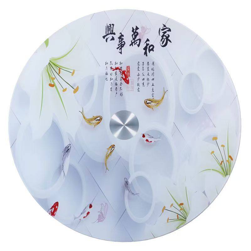 加厚钢化玻璃贴画餐桌转盘带底座酒店旋转印花圆桌面饭店转桌家用