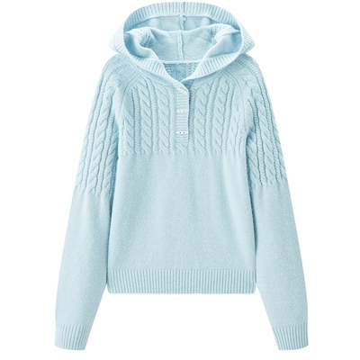 乐町连帽毛衣冬新款蓝色绞花毛针织衫半开襟牛角扣宽松上衣