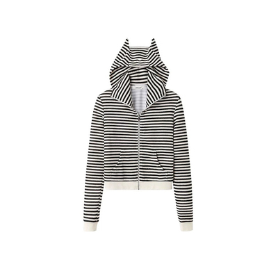 松弛假日条纹卫衣恶魔角开衫女