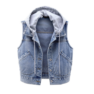 2025春秋新款牛仔马甲女短款连帽大口袋无袖夹克百搭修身上衣开衫