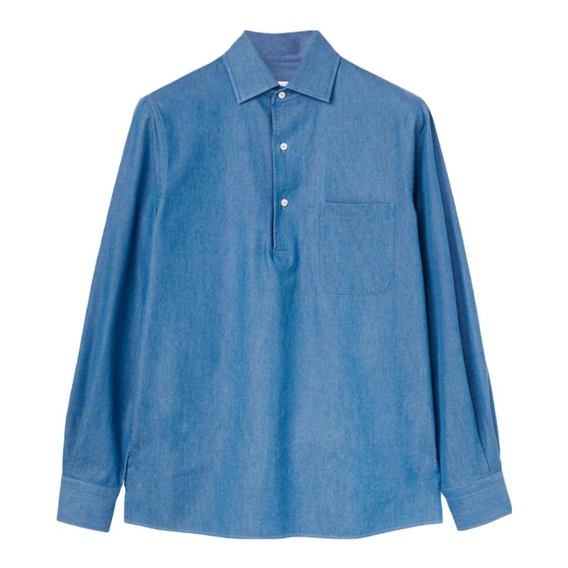 Loro Piana/诺悠翩雅男装蓝色有机棉尖领长袖牛仔布衬衫