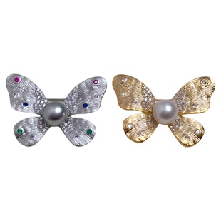 《蝶影》新款超精致蝴蝶淡水珍珠胸针金银色复古拉丝工艺可做吊坠