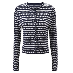 南油高货羊毛真丝条纹圆领针织开衫女春季新款洋气毛衣小香风上衣