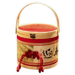高档中式新年礼盒包装盒手提竹篮抱抱桶烘焙糖果饼干礼品盒空盒子