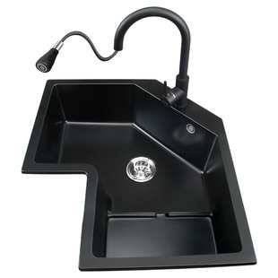 意狄讴石英石水槽单槽厨房转角水池拐角洗菜盆异形洗碗槽黑色9788