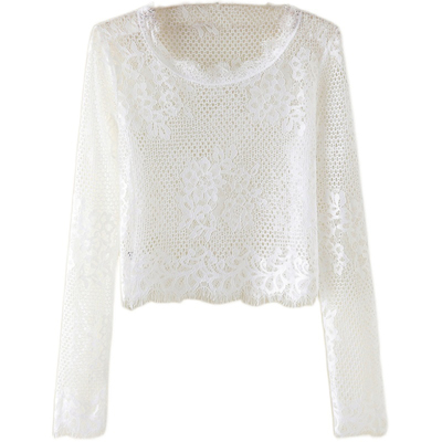 长袖气质薄款短款女蕾丝罩衫T恤