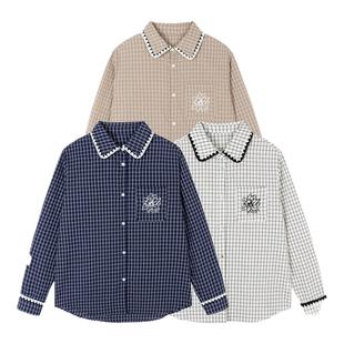 ics丨iconslab贝壳绣格纹长袖衬衫情侣春新款泡泡纱内外搭外套