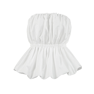 Fashion Tops欧美女士上衣白色围裹泡泡抹胸上衣时尚百搭设计感