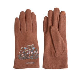 Lagur日本 <将自然戴在手上>植物系刺绣羊毛可触屏手套保暖女冬