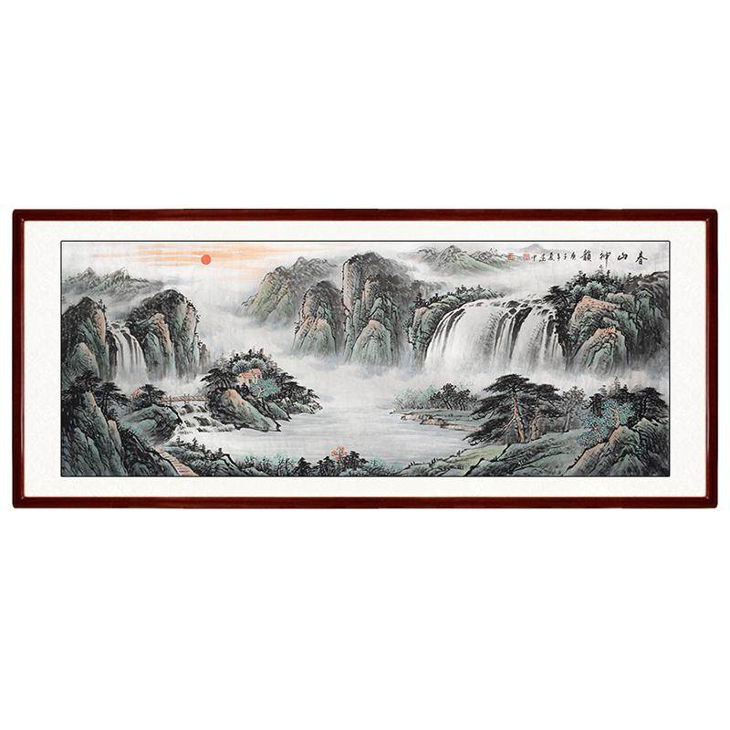 纯手绘聚宝盆招财横版带框山水画