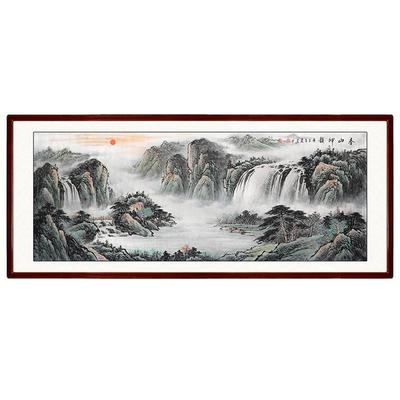 纯手绘聚宝盆招财横版带框山水画