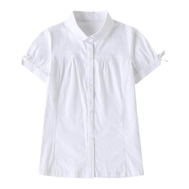 中小学生校服学院风英伦风纯棉夏季白色蝴蝶结袖口衬衫短袖女新款