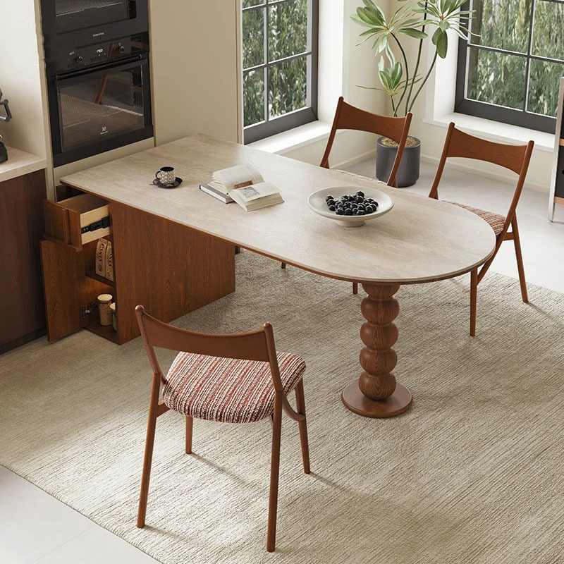 丹梵斯法式中古洞餐桌可折叠两头伸缩物餐桌椅岩实木复古板圆储石