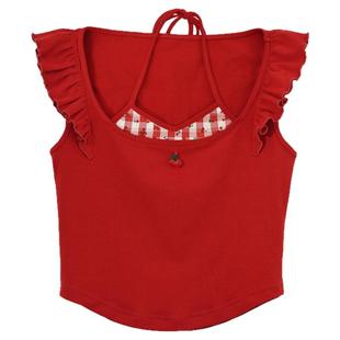 森女部落多巴胺红色格子假两件短袖T恤女夏小个子挂脖小飞袖上衣