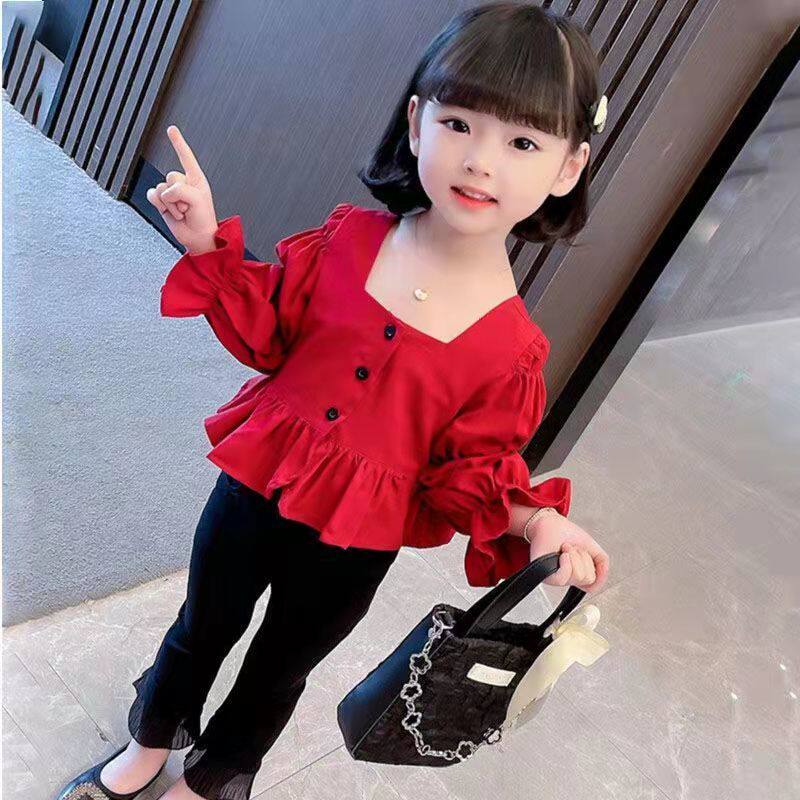 女童春装套装2026年新款韩版时髦小童衬衫喇叭裤女宝宝洋气两件套