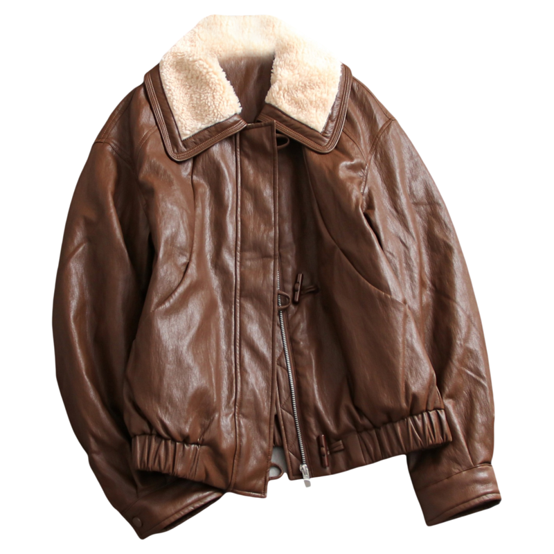 甄选大朵绒毛绒翻领牛角扣环保皮衣夹克外套加厚保暖女羽绒服M332