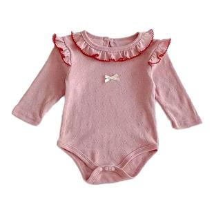 拉果拉婴儿开春衣服2026新款宝宝包屁衣洋气荷叶领长袖哈衣连体衣