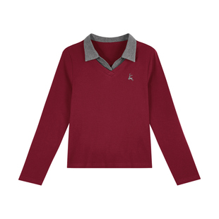 正肩长袖t恤女打底衫2025新款秋季爆款女装假两件翻领上衣polo衫